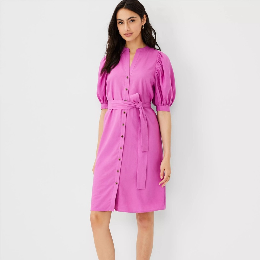 Ann Taylor Linen Blend Puff Sleeve Shirtdress Fuchsia Purple Size Small